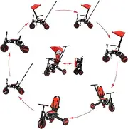 7 in 1 Kids Tricycle with Parent Steering Push Handle. Kids Bike, Balance Bike. Lightweight and Portable Push Bike with Removable Pedals. Toddler Trike with Canopy, Guardrail & Safety Harness (Red)