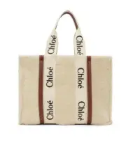 NWT CHLOE Large Woody tote bag in shearling & shiny calfskin with Woody ribbon m