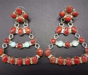 ELEGANT Sterling Silver OPAL and ORANGE Spiny Oyster Shell CHANDELIER EARRINGS