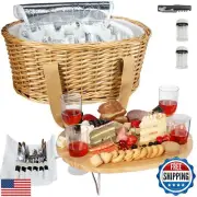 Hap Tim Wicker Picnic Basket Set for 4 with Mini Folding Wine Picnic Table an