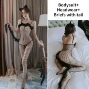 Women Net Bodysuit Catsuit Furry Trim Tail Sexy Sheer Crotchless Lingerie