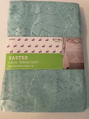 NWT Blue Lace Easter Tablecloth 60" x 104" Eggs Flowers New Scalloped Edge