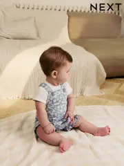 Denim Floral and Ecru Short Sleeve Baby Bodysuit and Dungarees Set (0mths-2yrs) (AG2696) | $23 - $25