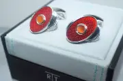 New TATEOSSIAN Men's Red Cufflinks Glass Spinner Classic Oval Silver