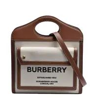 在飛比找momo購物網優惠-【BURBERRY 巴寶莉】Louise標誌圖案雙色帆布皮革