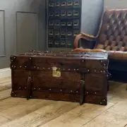English Leather Coffee Table Trunk with Stylish Belted Design F Christmas Decor