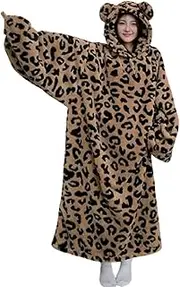 [Generic] Wearable Blanket Hoodie, Extra Long Warm Sweatshirt, Brown Leopard Faux Fur Sweatshirt with Large Body Blanket Robe(Large)