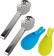 GXXMEI 2PCS Stainless Steel Tea Bag Tongs with 2PCS Bunny Silicone Tea Bag Holders, Round Tea Bag Squeezer - 6inch Tea Bag Strainer Clips Herb or Sugar Ice Cube for Kitchen Bar Tools