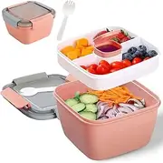 WADY Salad Bowls, Salad Lunch Container, Salad Bowls to Go for Lunch, Bento Style Food Storage with 3 Compartments for Salad, Sandwich, Snacks, Toppings & Dressing, Leak-Proof and BPA Free (Pink)