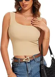 [Upushall] Women's Square Neck Seamless Tank Top with Built in Bras Sleeveless Cropped Tops