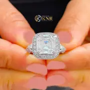 14k Solid White Gold Asscher Moissanite Engagement Ring Halo Prong Set 4.05ctw