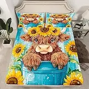 Feelyou Highland Cow Bed Sheet Set Twin Size Dasiy Fitted Sheet for Kids Boys Girls Animal Bedding Set Western Decor Bed Cover Water Blue