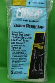 Micro Lined Vacuum Cleaner Bags,Type D,For Dirt Devil,Featherlite,3 PK