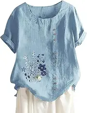 [Generic] Womens Long Sleeve Tees T Shirt Boho Tanic Size Tops Womens Linen Loose Daily Blouse Plus Button Casual Women's Blouse Hiking Shirts Women (Blue-3, S)
