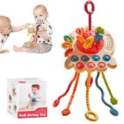 Catzon Montessori Pull String Toys for 6-12 Months Babies Silicone Teether-Red