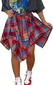 [Mojessy] Plaid Skirts for Women Knot Front High Elastic Waisted Irregular Hem A-Line Mini Pleated Skirt