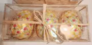 Mackenzie Childs LARGE YELLOW CHECKED CAPIZ EGG ORNAMENTS New In Crate Set of 3