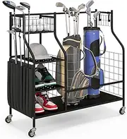ULTIMATE Golf Bag Storage Garage Organizer with Lockable Wheels, 2 Golf Bags Storage Stand, Golf Ball Basket, 4 Removable Hooks & 3-Tier Shelf, Golf Storage Organizer Rack for Golf Accessories