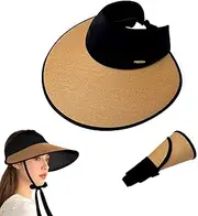 [huablo] ]Womens Wide Brim Roll-up Straw Sun Visor Hat Ponytail Summer Beach Hat Packable Outdoor Travel Cap Yellow, Yellow, One Size