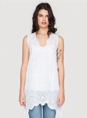 NEW Johnny Was Rayon Embroidered Boho Mod Eyelet Top Tunic Blouse Dress White S