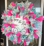 Enjoy the Ride Bicycle Aqua Floral Pink Spring Summer Deco Mesh Wreath Cottage
