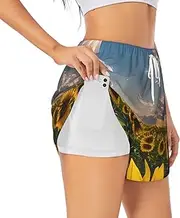 [WURTON] Sunflowers Sunlight Print Exercise Gym Workout Shorts Women's Athletic Shorts Dual-Layered Yoga Running Shorts
