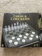 NIB Cardinal Chess & Checkers With Glass Board Clear & Frosted Pieces Full Game