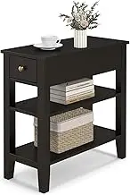 Giantex 3-Tier End Table w/Drawer Side Table with One Drawer and Double Shelves Narrow Tiered Nightstand for Bedroom, Living Room End Telephone Desk with Storage Shelves (Black)