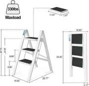 3 Step Ladder Folding Stool Wide Pedal 330 lbs Capacity White