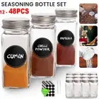 48PCS Clear Glass Spice Jars Lid Herb Seasoning Condiment Square Kitchen Storage