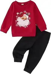 [Ritatte] Toddler Boys Girls Christmas Outfits Retro Santa Graphic Crewneck Sweatshirt Pants Set Kids Xmas Fall Winter Clothes