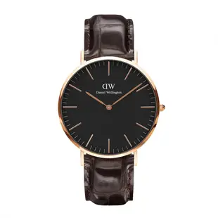 Daniel Wellington DW 手錶 Classic York 40mm黑棕壓紋真皮皮革錶-黑錶盤-玫瑰金框 DW00100128