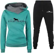 [YongXinMY] Women's Tracksuit Two Piece Set Horse & Heart 3D Printed Hoodie and Jogging Bottoms Casual Sportswear Set with Pocket