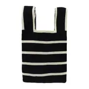 Reusable Mesh Net Grocery Tote Bags Pinstripes Black Beige for Market Shopping