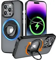 [rojarou] for iPhone 14 Pro Max Case [Compatible with MagSafe][ 360° Rotate Ring Kickstand] [Military Grade Shockproof] Matte Translucent Slim Phone Case for iPhone 14 Pro Max-Black