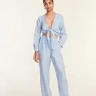 NWT 2 Pc J Crew Sz M/10 Tie-Front CropTop w/ Matching Wide-Leg Pants Linen-Blend