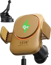 INIU Qi2 15W Car Phone Holder Wireless Charger, Ultra-Stable 22N for MagSafe Car Mount Charger with Cooling Fins & RGB Lighting ONLY Compatible with iPhone 16/15 / 14/13 / 12 Series [Yellow]