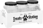 Dog Treat Container, Cat Food Container, Farmhouse Cat Food Container, Pet Treats Storage Organizer, Wood Dog Treat Holder with 3 Jars, Pet Food Storage Container for Dog and Cat (White)