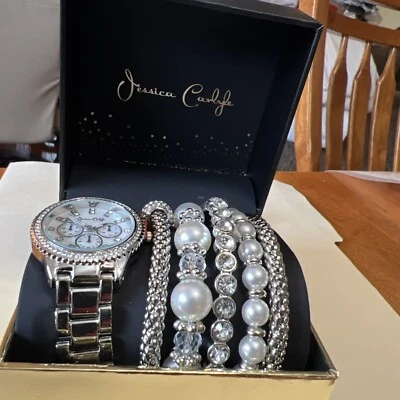 Jessica Carlyle Women's Silver Watch and Bracelet Set. Lots of Bling And Pearls.