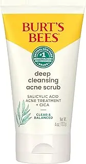 Burt’s Bees Clear and Balanced Deep Cleansing Acne Scrub, Salicylic Acid Acne Treatment with Cica, Facial Cream Exfoliator Helps Unclog Pores and Reduce Acne, 4 Oz
