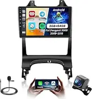 2+64G Android Car Radio for Peugeot 3008 2009 2010 2011 2012 2013 2014 2015 with Wireless Carpaly & Android Car, 9 Inch IPS Touchscreen Radio with Bluetooth/GPS/Rear View Camera/FM/WiFi/SWC