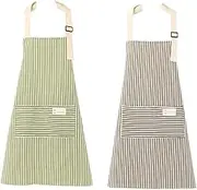 Set of 2 Adjustable, Cotton Polyester Blend Adjustable Bibs With 2 Pockets, Women's Men's Chef Aprons for Kitchen, Cooking, Baking, Grilling (Grey/Green Striped Style, 2-Pack)