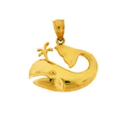 14K Gold Whale with Blow Water Droplets Pendant