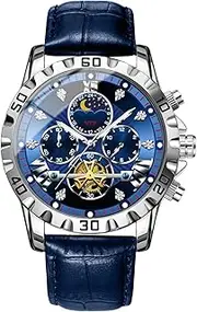 [Generic] Men's Automatic Watch, Mechanical Timepiece with Leather Strap, 1.77-Inch Stylish Waterproof Case, Automatic Movement Watch, Ideal for Business Meetings, Black, Blue, Brown
