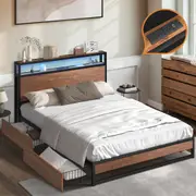 Oikiture Metal Bed Frame Queen Size with LED Headboard Storage Drawers USB