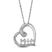 0.17 CT. T.W. Baguette and Round Natural Diamond "MOM" Tilted Heart Pendant in Sterling Silver
