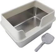 Stainless Steel Litter Box with High Side, Large Open Top High Side Litter Pan with Scoop, Cat Litter Box for Big Cats, 50 X 35 X 25cm / 19.7 X 13.8 X 9.8in (White)