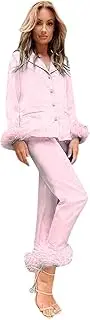 [Generic] Women's Solid Color Pajama Set Women Feather Two-Piece Suit Long Sleeve Button Camis Tops+Long Pants 2 Piece Sleepwear Winter Sets Set Pajamas Women