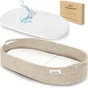 BOPHILI Baby Changing Basket w/Foldable Baby Changing Pad and Waterpoof Cover, Premium Handmade Cotton Rope Reinforced Moses Baskets Changing Table Topper, Built-in Security Strap (Warm Brown)