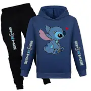 Lilo Stitch Print Kids Tracksuit Set Casual Hooded Sweatshirt Pants Activewear Navy Blue 13-14 Years